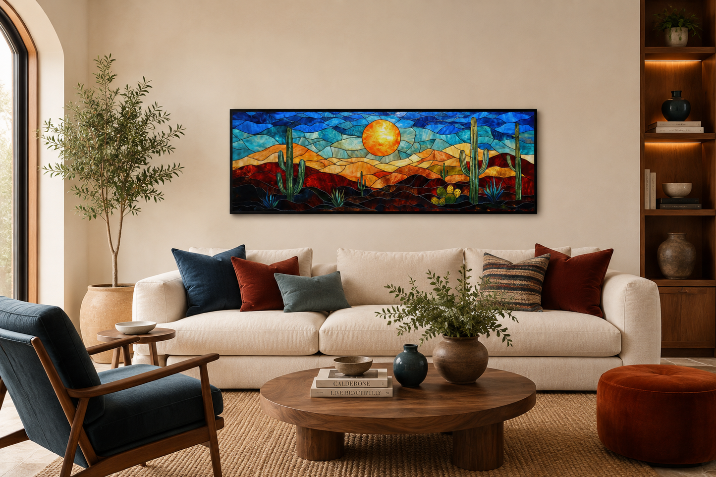 Southwest Desert Sunset Cactus Landscape Stained Glass Style Long Horizontal Canvas Wall Art