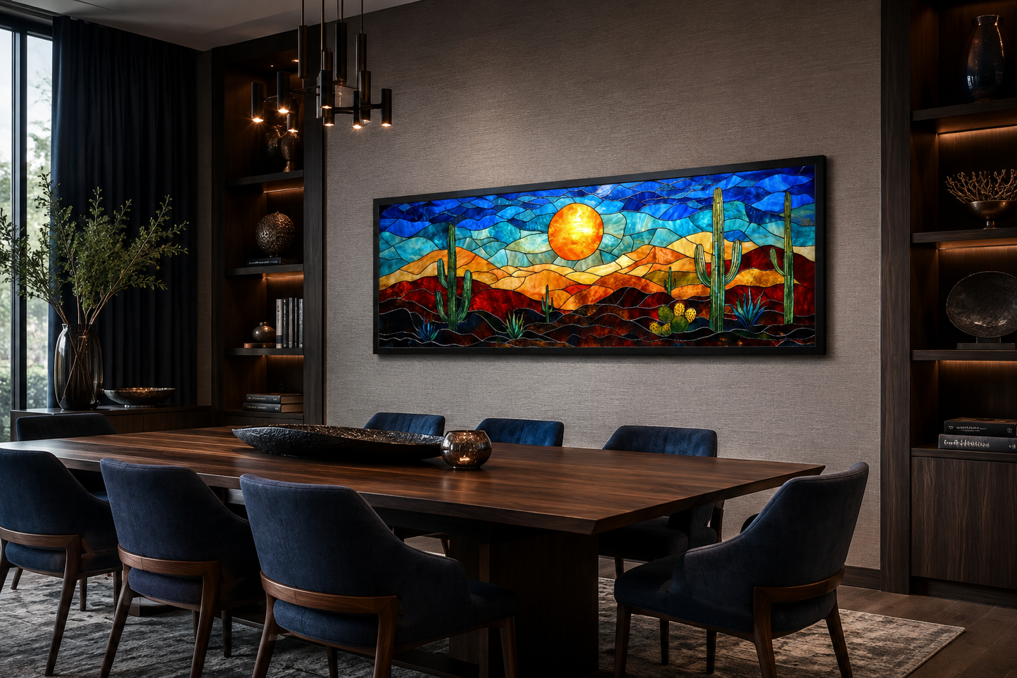 Southwest Desert Sunset Cactus Landscape Stained Glass Style Long Horizontal Canvas Wall Art