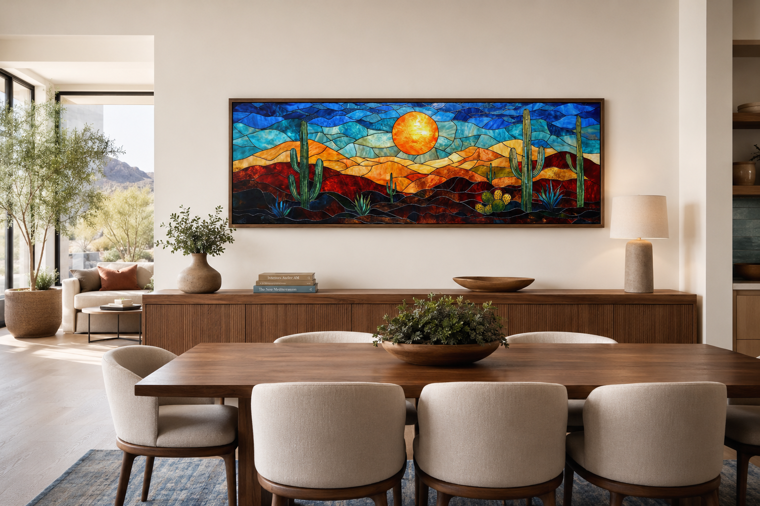 Southwest Desert Sunset Cactus Landscape Stained Glass Style Long Horizontal Canvas Wall Art