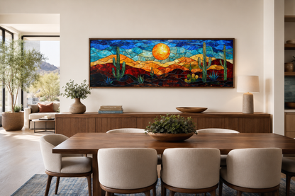 Southwest Desert Sunset Cactus Landscape Stained Glass Style Long Horizontal Canvas Wall Art
