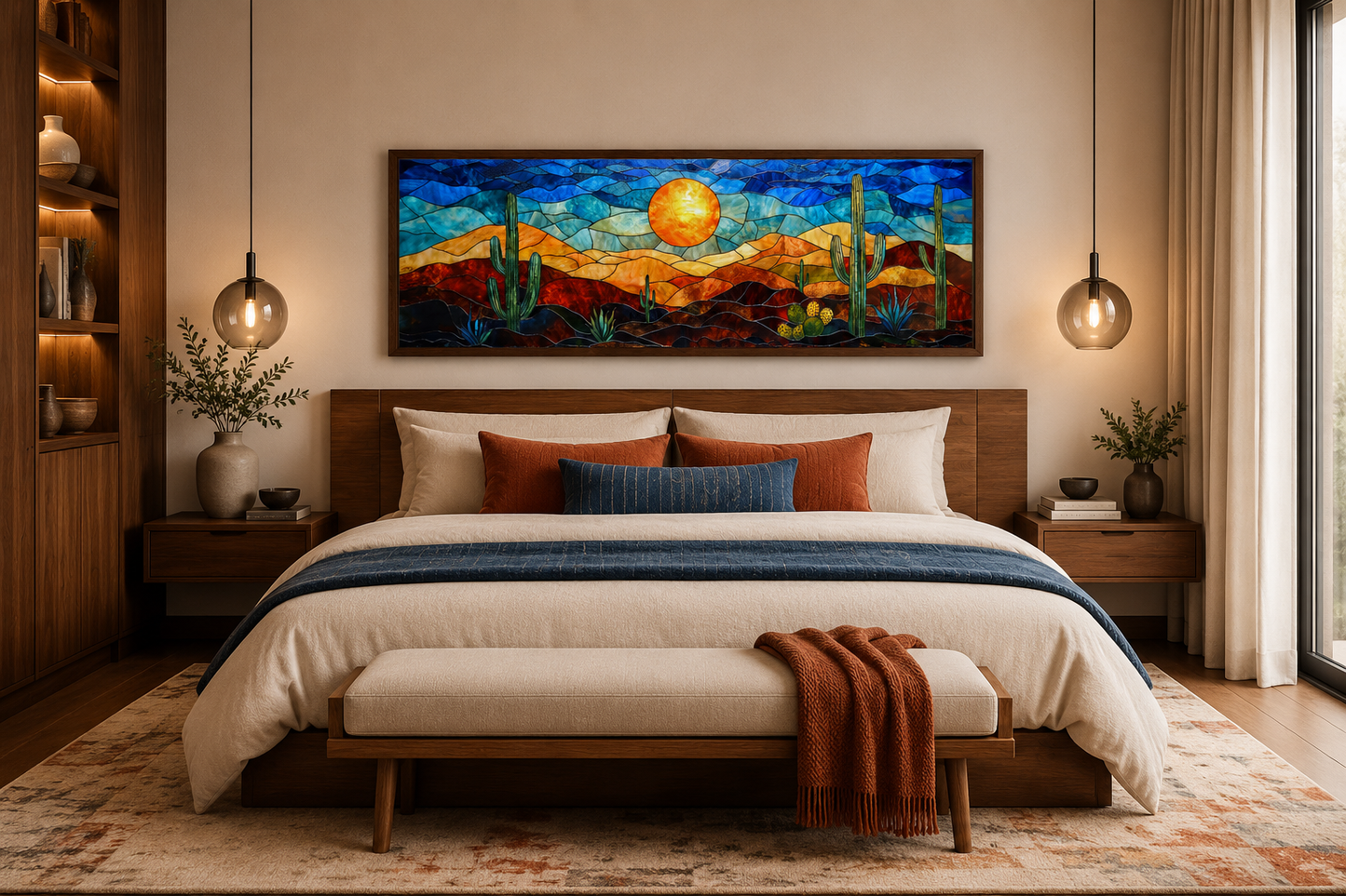 Southwest Desert Sunset Cactus Landscape Stained Glass Style Long Horizontal Canvas Wall Art