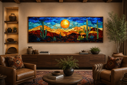Southwest Desert Sunset Cactus Landscape Stained Glass Style Long Horizontal Canvas Wall Art