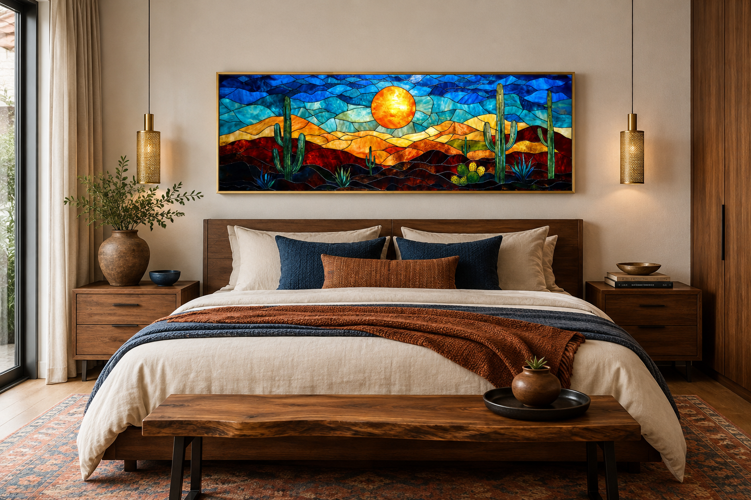 Southwest Desert Sunset Cactus Landscape Stained Glass Style Long Horizontal Canvas Wall Art