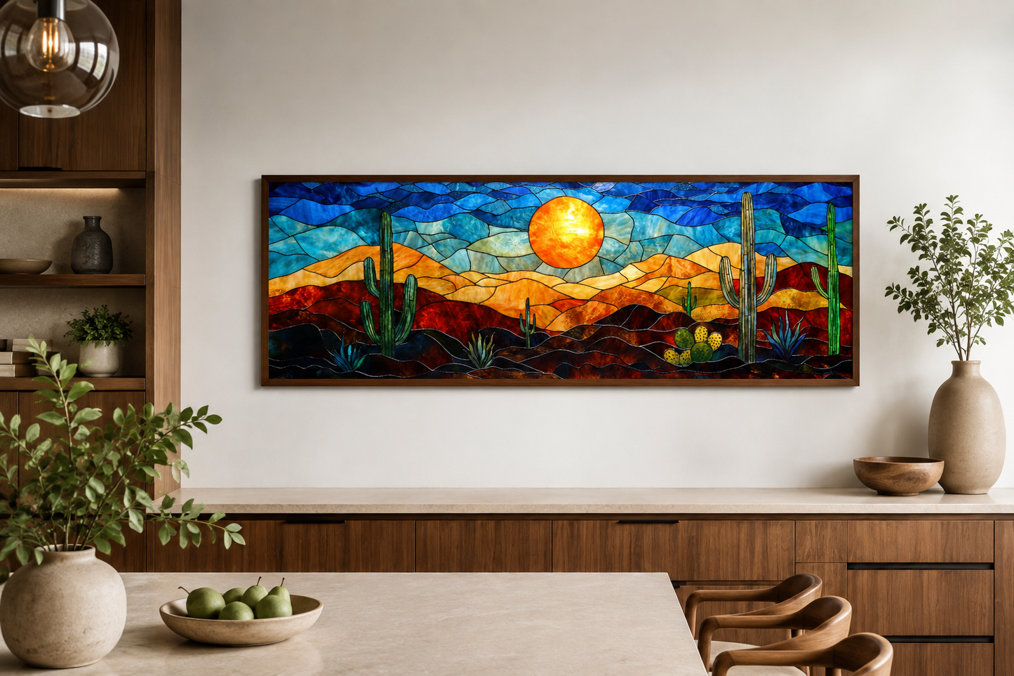 Southwest Desert Sunset Cactus Landscape Stained Glass Style Long Horizontal Canvas Wall Art