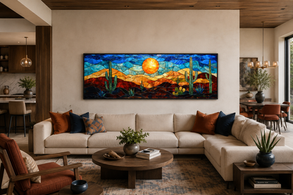 Southwest Desert Sunset Cactus Landscape Stained Glass Style Long Horizontal Canvas Wall Art