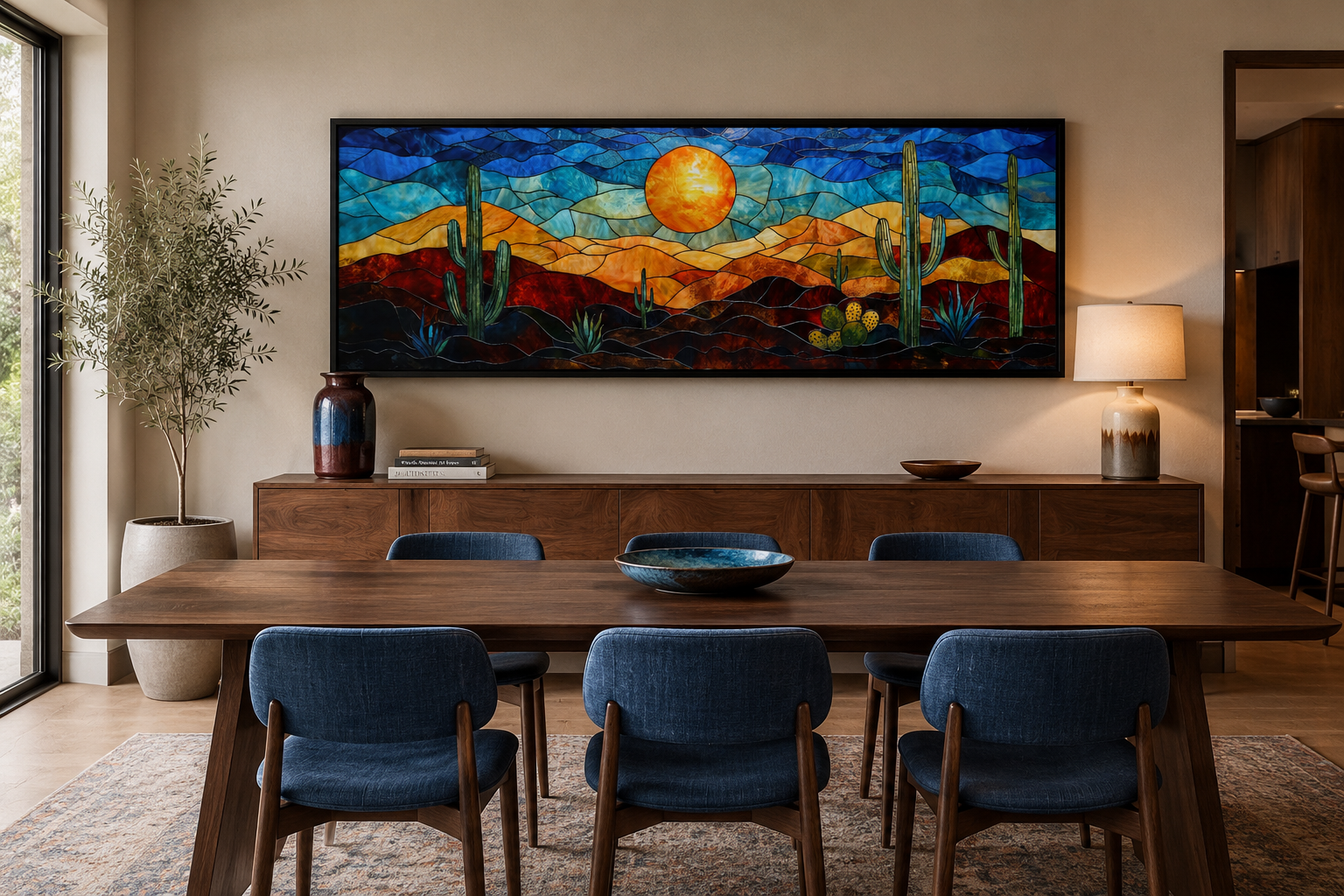 Southwest Desert Sunset Cactus Landscape Stained Glass Style Long Horizontal Canvas Wall Art