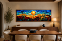 Southwest Desert Sunset Cactus Landscape Stained Glass Style Long Horizontal Canvas Wall Art