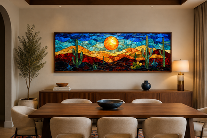 Southwest Desert Sunset Cactus Landscape Stained Glass Style Long Horizontal Canvas Wall Art