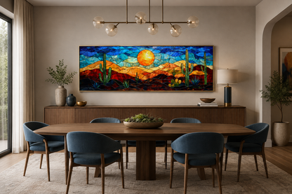 Southwest Desert Sunset Cactus Landscape Stained Glass Style Long Horizontal Canvas Wall Art