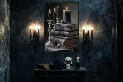 Spider and Spiderweb With Candles on Stacked Books Gothic Library Wall Art
