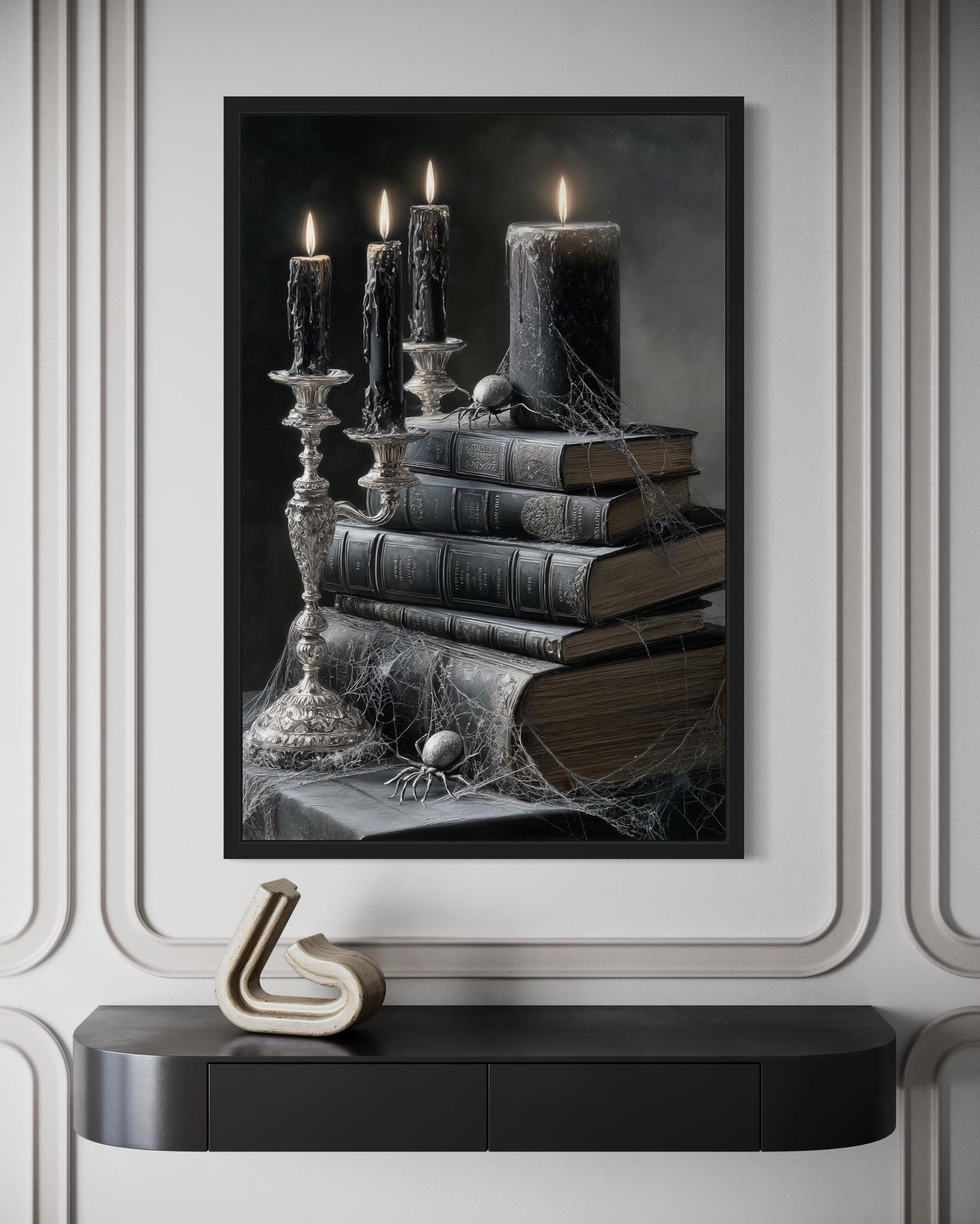 Spider and Spiderweb With Candles on Stacked Books Gothic Library Wall Art
