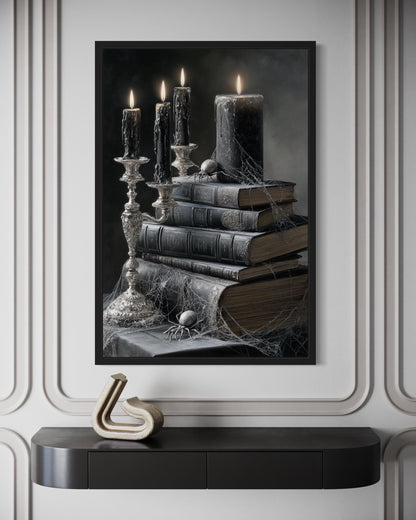 Spider and Spiderweb With Candles on Stacked Books Gothic Library Wall Art