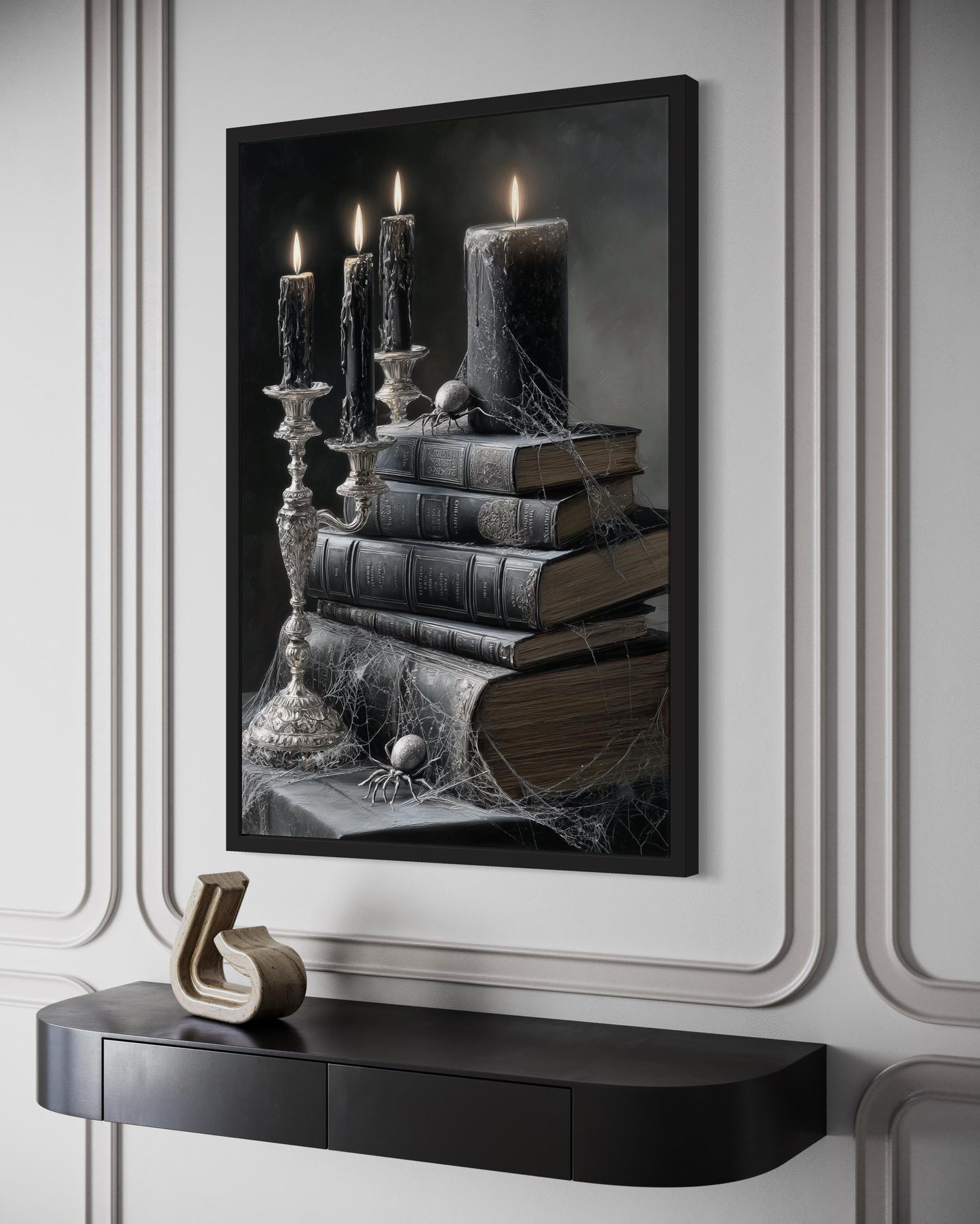 Spider and Spiderweb With Candles on Stacked Books Gothic Library Wall Art