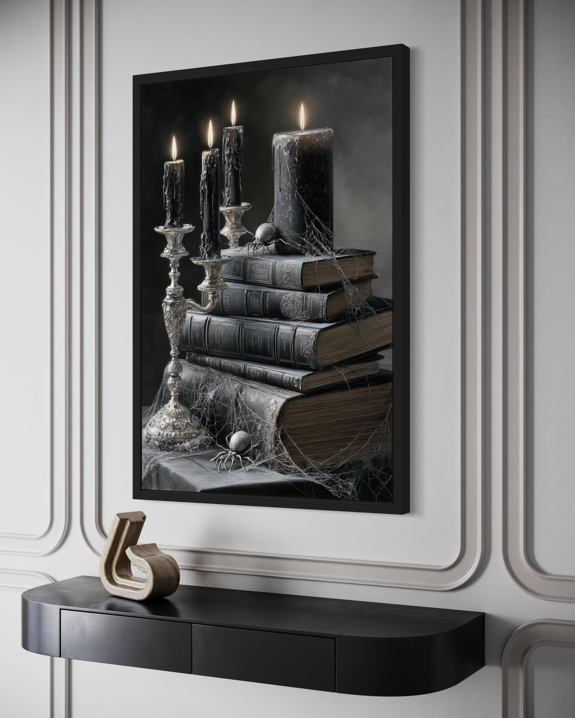 Spider and Spiderweb With Candles on Stacked Books Gothic Library Wall Art
