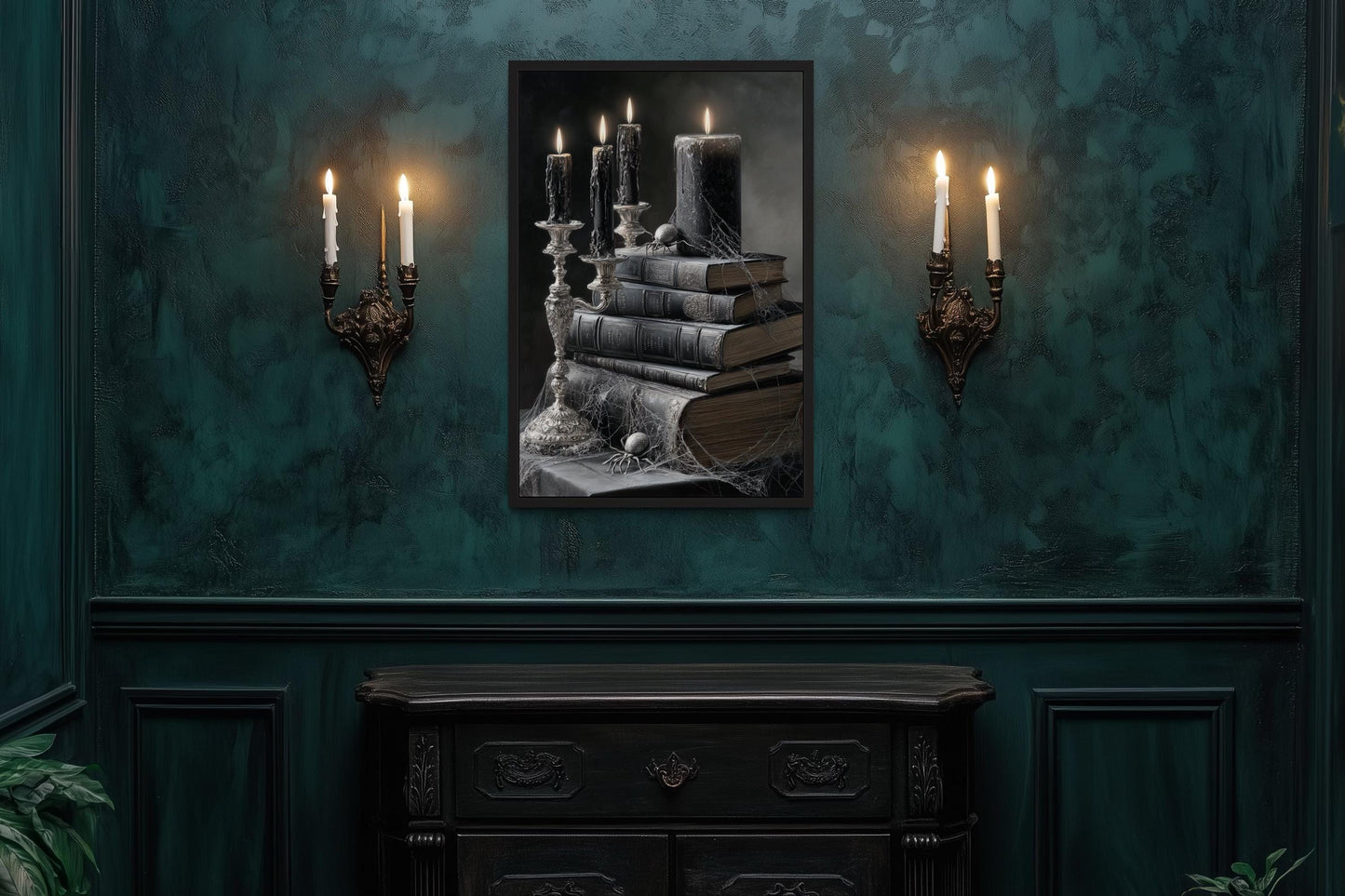 Spider and Spiderweb With Candles on Stacked Books Gothic Library Wall Art