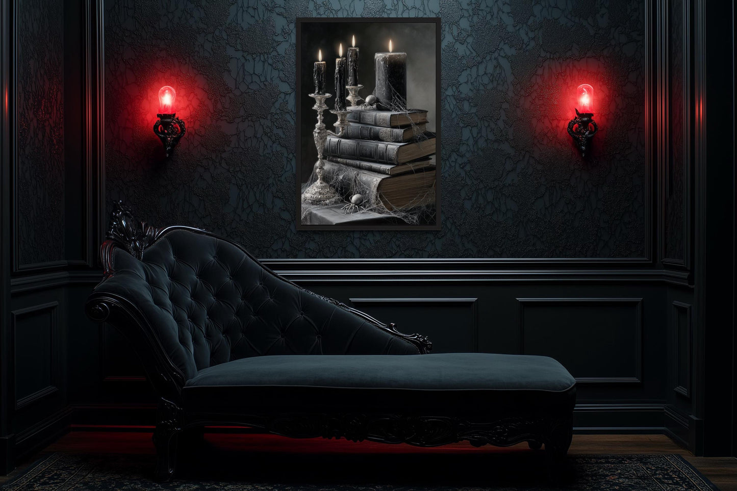 Spider and Spiderweb With Candles on Stacked Books Gothic Library Wall Art