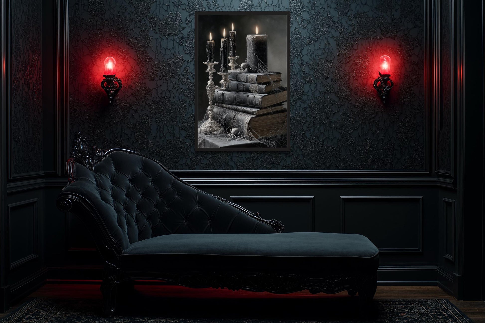 Spider and Spiderweb With Candles on Stacked Books Gothic Library Wall Art