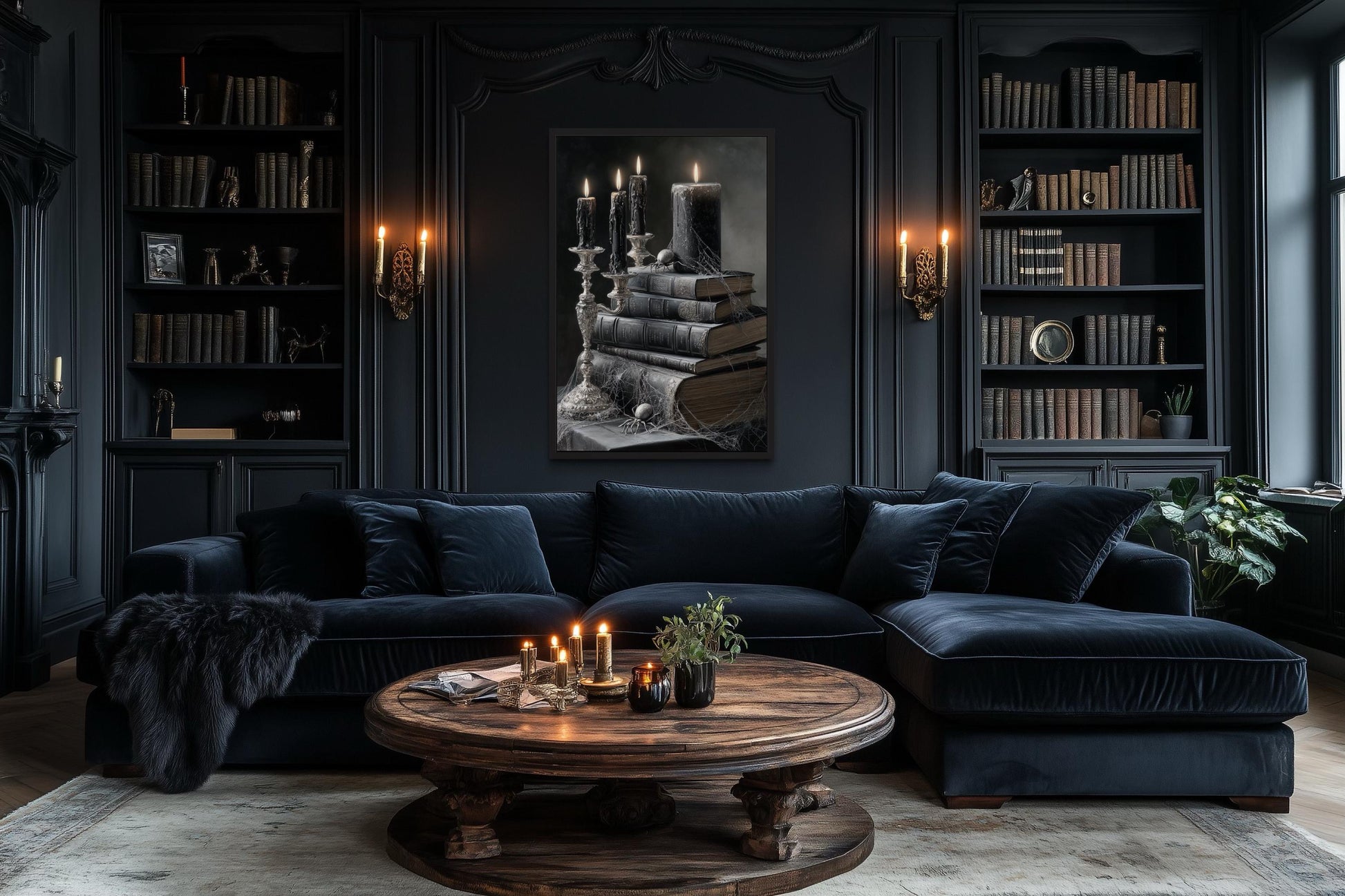 Spider and Spiderweb With Candles on Stacked Books Gothic Library Wall Art