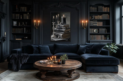 Spider and Spiderweb With Candles on Stacked Books Gothic Library Wall Art
