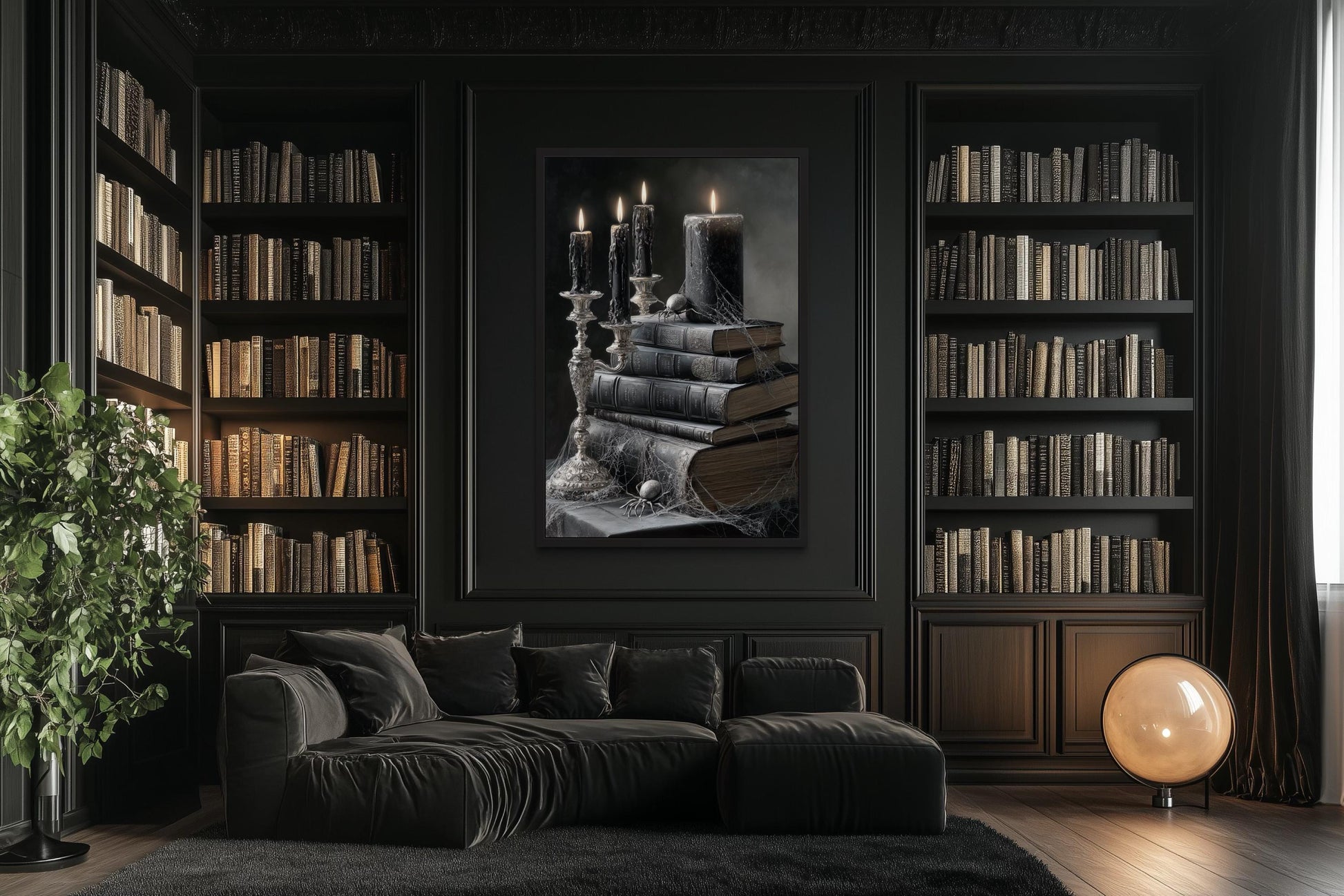 Spider and Spiderweb With Candles on Stacked Books Gothic Library Wall Art