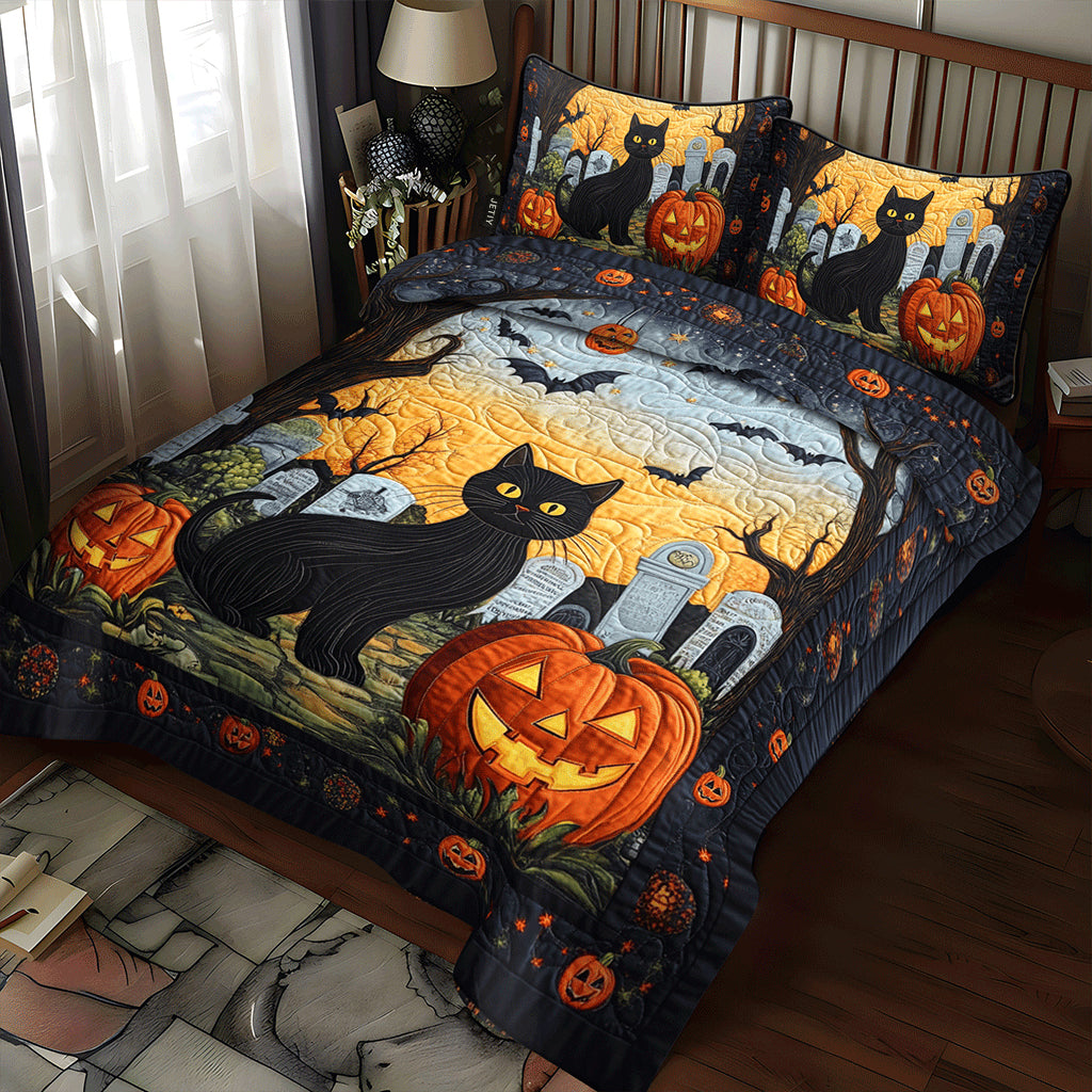 Spooky Cat Halloween 3-Piece Quilted Bedding Set - Single (59" x 70")