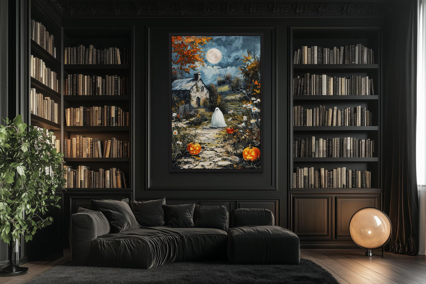 Spooky Ghost Decor with Full Moon And Pumpkin Path Halloween Canvas Wall Art
