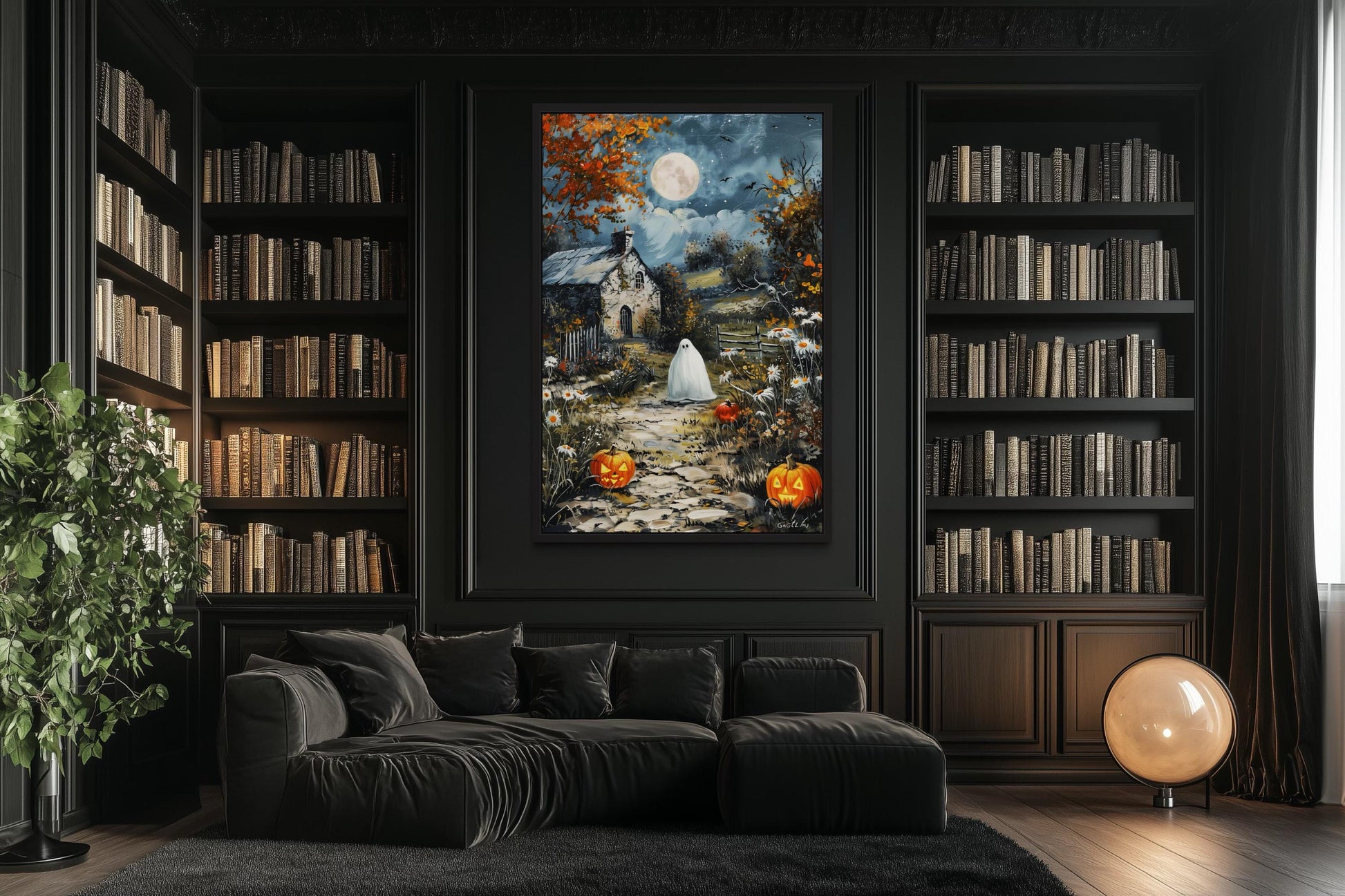 Spooky Ghost Decor with Full Moon And Pumpkin Path Halloween Canvas Wall Art