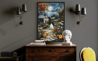Spooky Ghost Decor with Full Moon And Pumpkin Path Halloween Canvas Wall Art