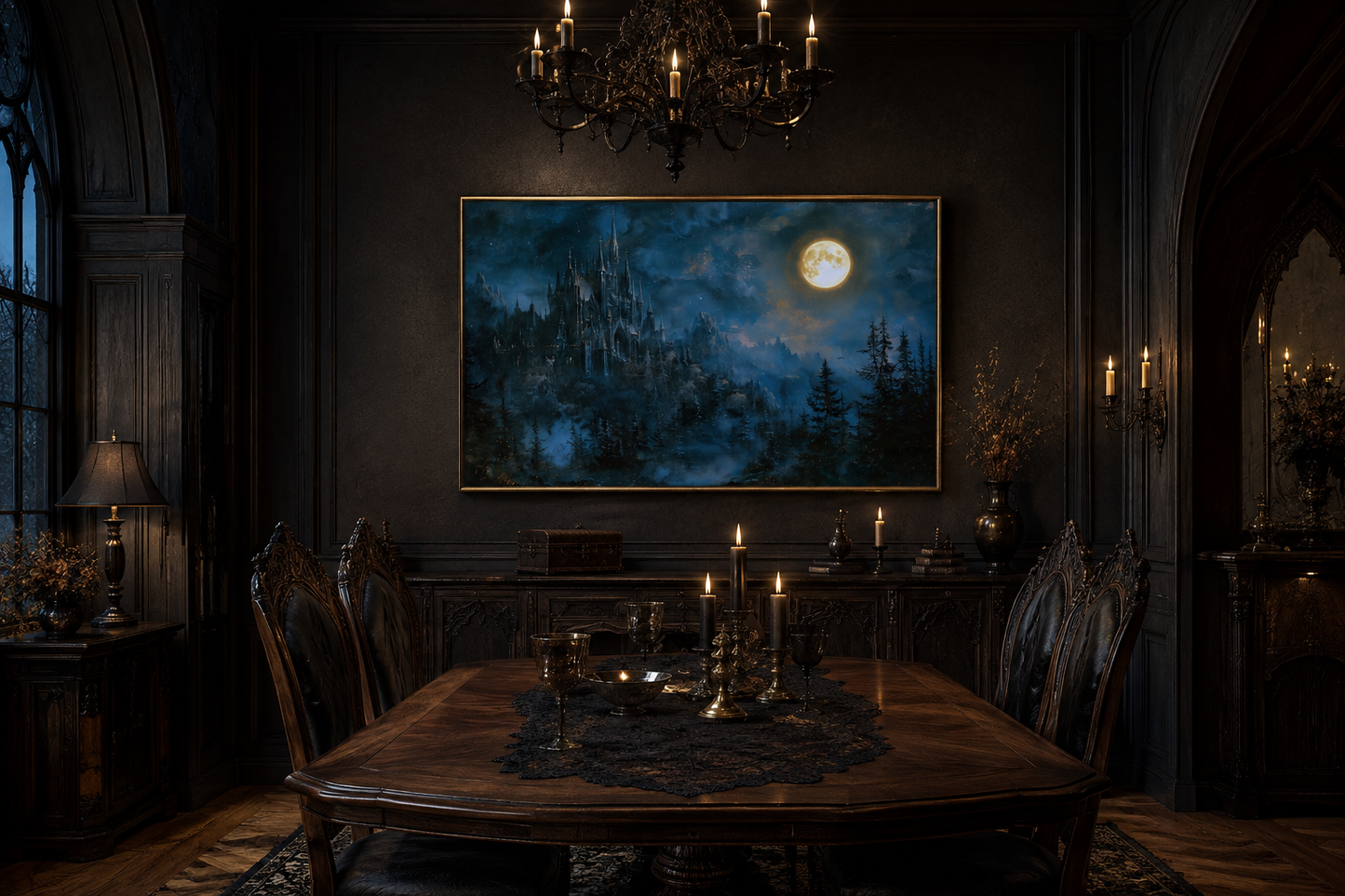 Spooky Gothic Haunted Castle Under Moon Navy Blue Wall Art