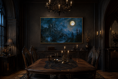 Spooky Gothic Haunted Castle Under Moon Navy Blue Wall Art