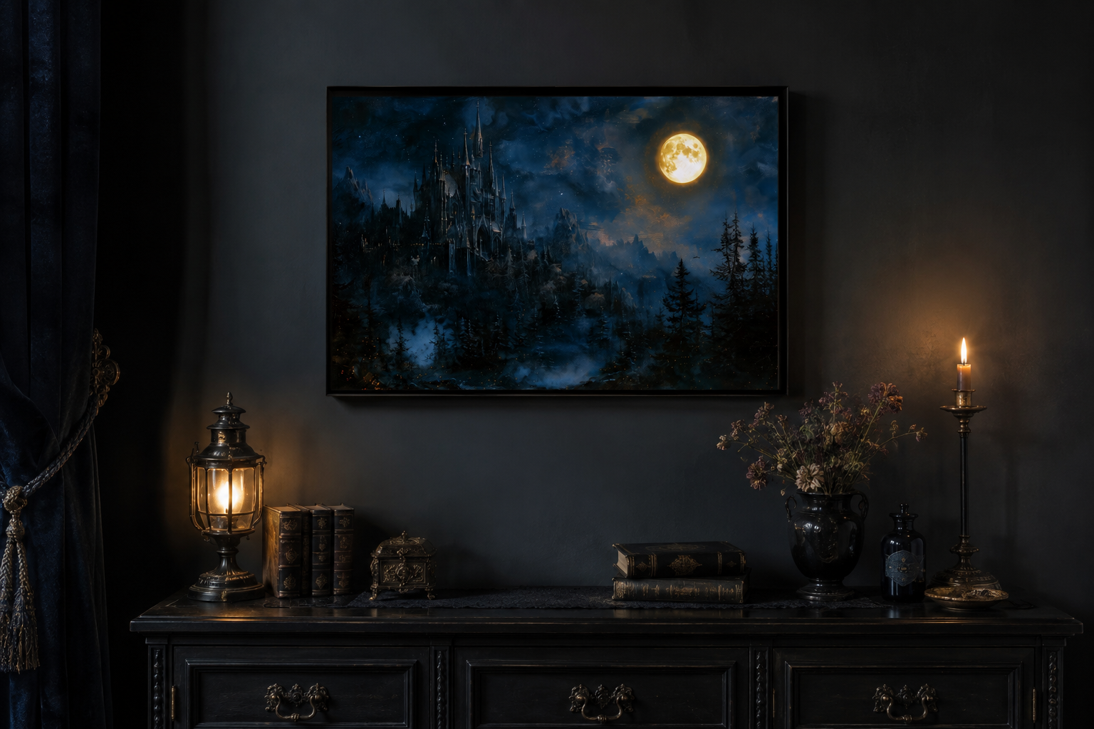 Spooky Gothic Haunted Castle Under Moon Navy Blue Wall Art