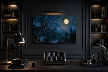 Spooky Gothic Haunted Castle Under Moon Navy Blue Wall Art