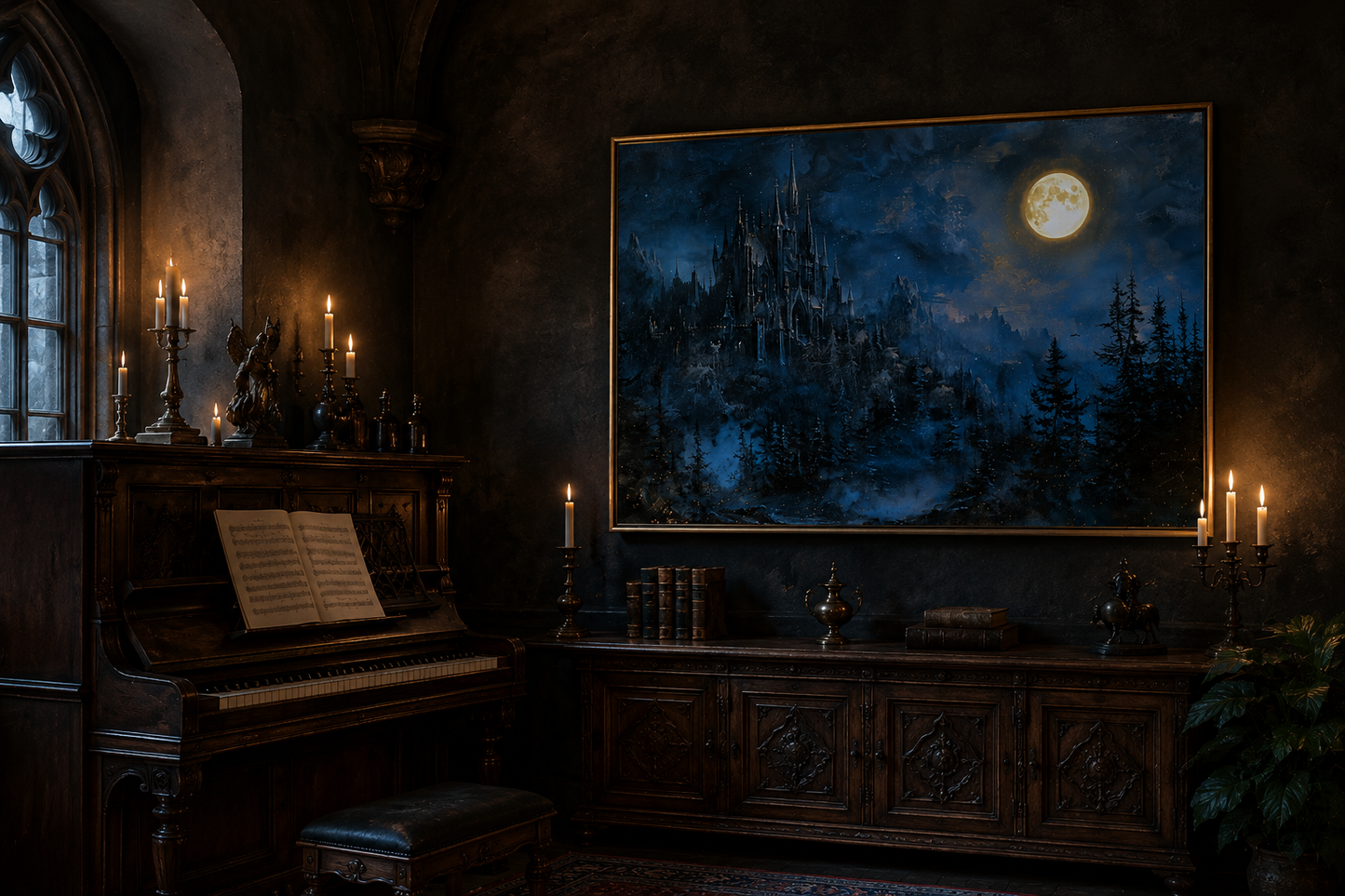 Spooky Gothic Haunted Castle Under Moon Navy Blue Wall Art