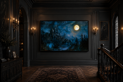 Spooky Gothic Haunted Castle Under Moon Navy Blue Wall Art