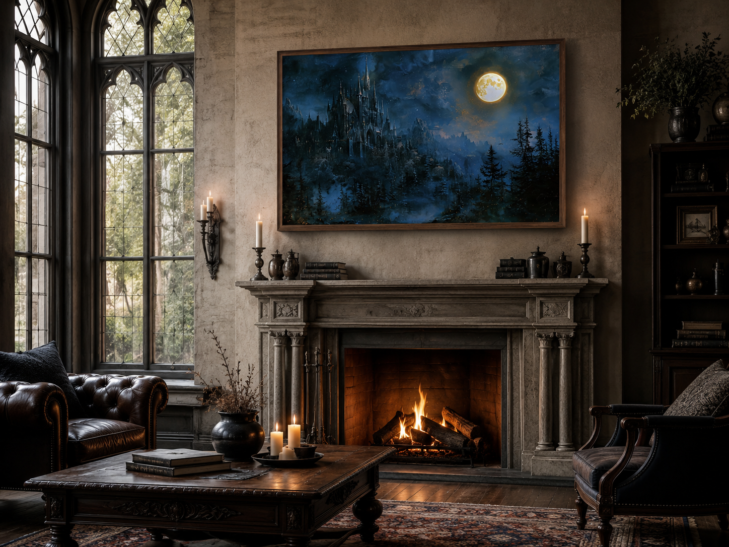 Spooky Gothic Haunted Castle Under Moon Navy Blue Wall Art