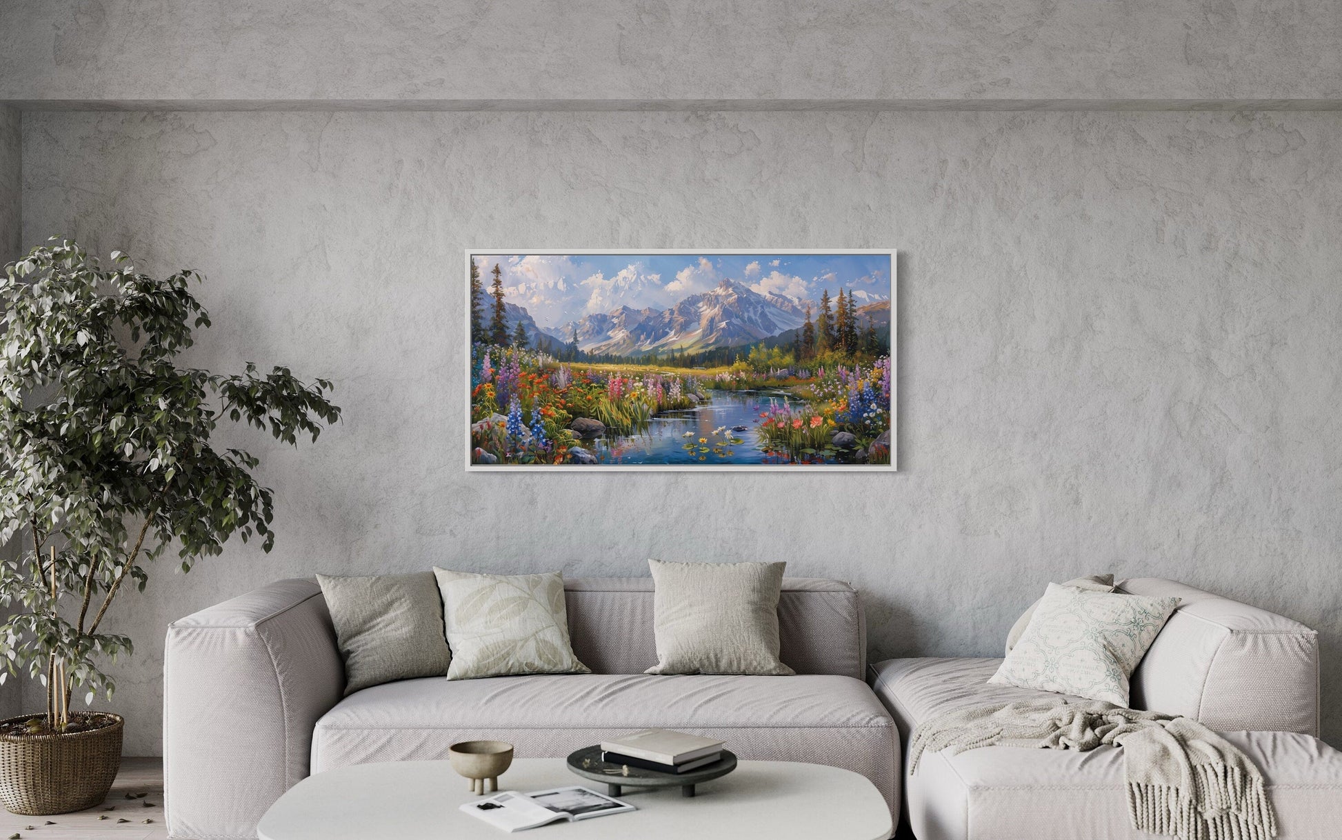 Spring Wildflowers Wall Art – Mountain Valley Landscape Framed Canvas Print for Rustic Home