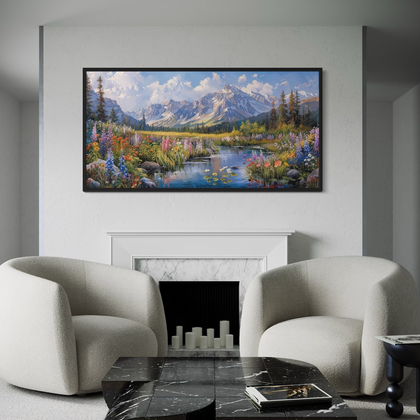 Spring Wildflowers Wall Art – Mountain Valley Landscape Framed Canvas Print for Rustic Home