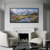 Spring Wildflowers Wall Art – Mountain Valley Landscape Framed Canvas Print for Rustic Home