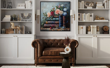 Stack Of Books And Pretty Flowers Framed Canvas Wall Art For Home Library Decor