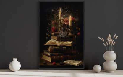 Stack Of Vintage Books With Candles And Spider Web Gothic Framed Canvas Wall Art