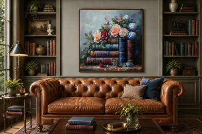 Stack Of Books And Pretty Flowers Framed Canvas Wall Art For Home Library Decor