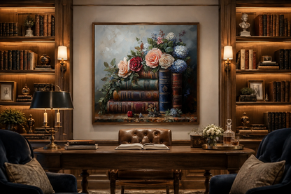 Stack Of Books And Pretty Flowers Framed Canvas Wall Art For Home Library Decor