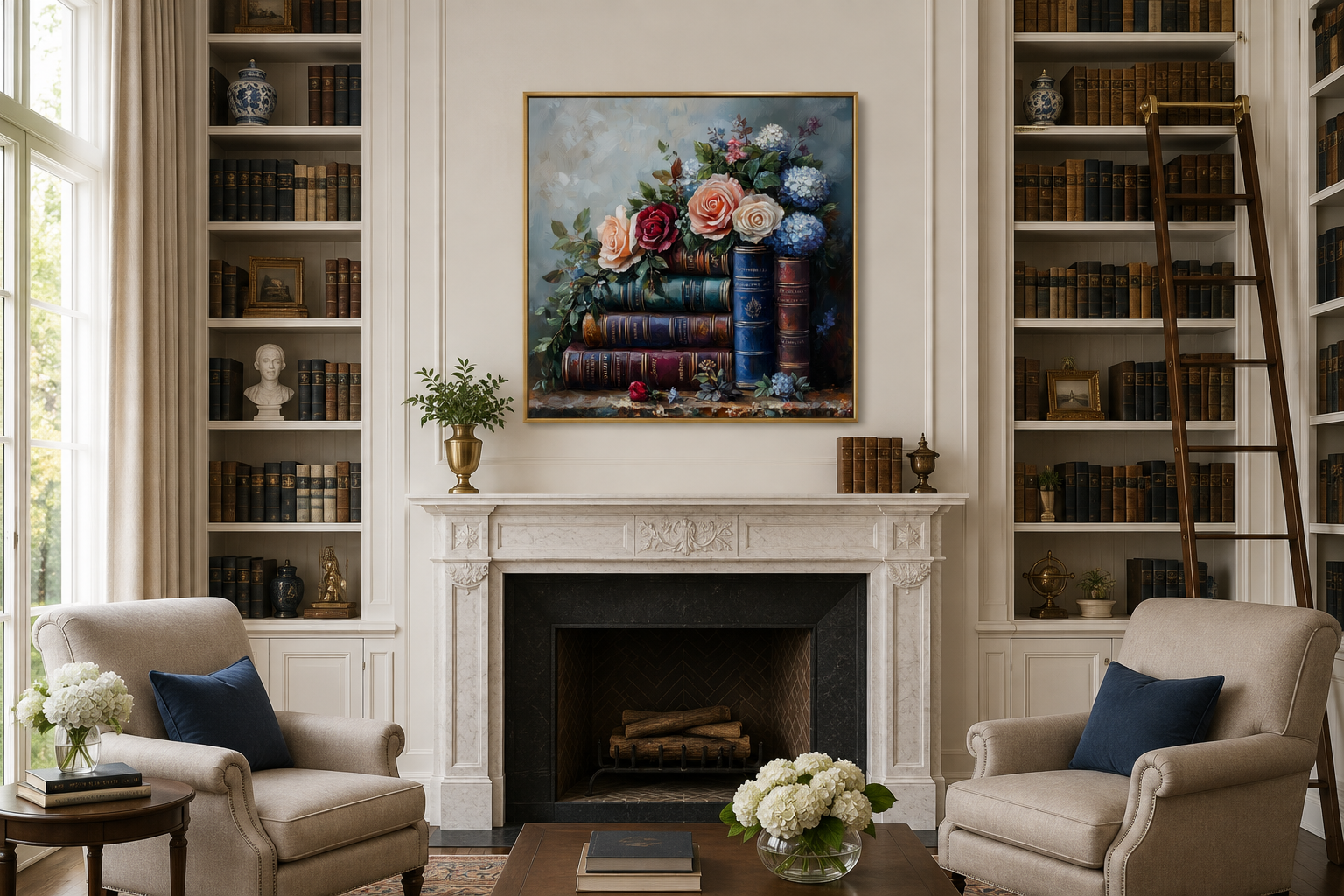 Stack Of Books And Pretty Flowers Framed Canvas Wall Art For Home Library Decor