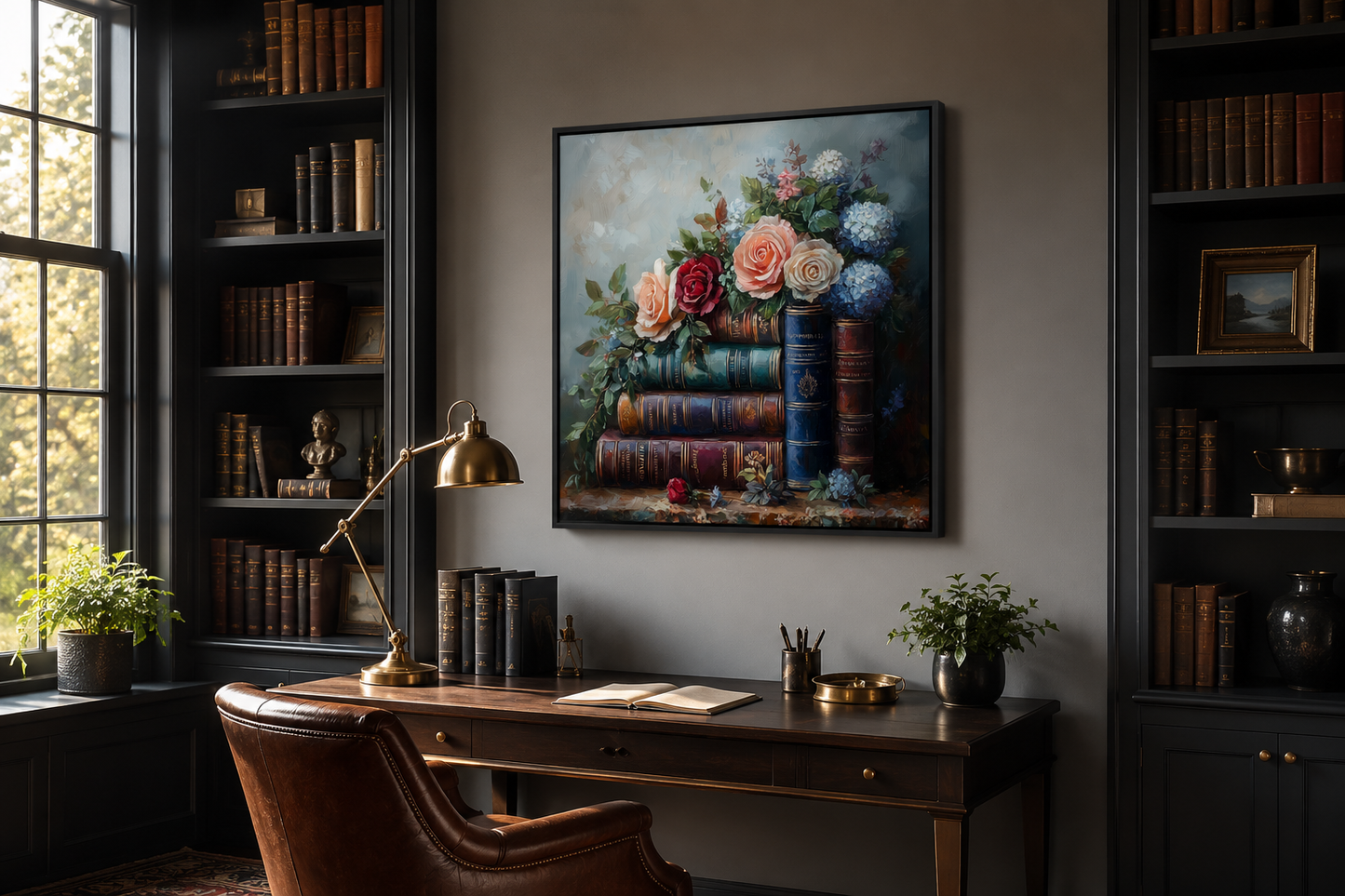 Stack Of Books And Pretty Flowers Framed Canvas Wall Art For Home Library Decor
