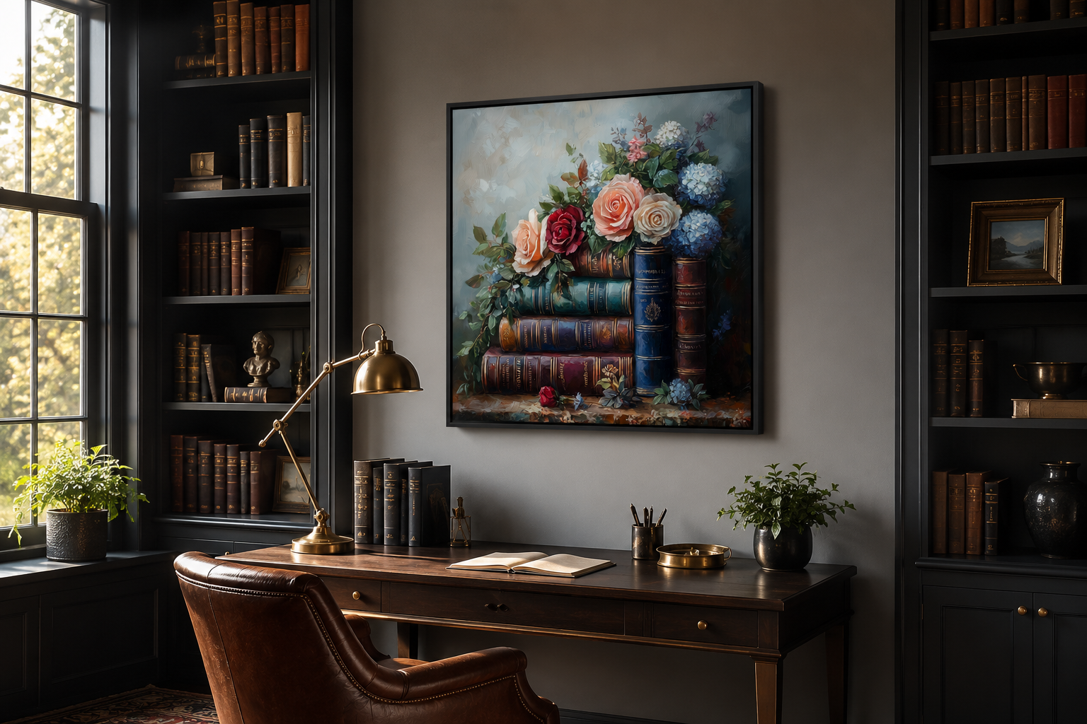 Stack Of Books And Pretty Flowers Framed Canvas Wall Art For Home Library Decor
