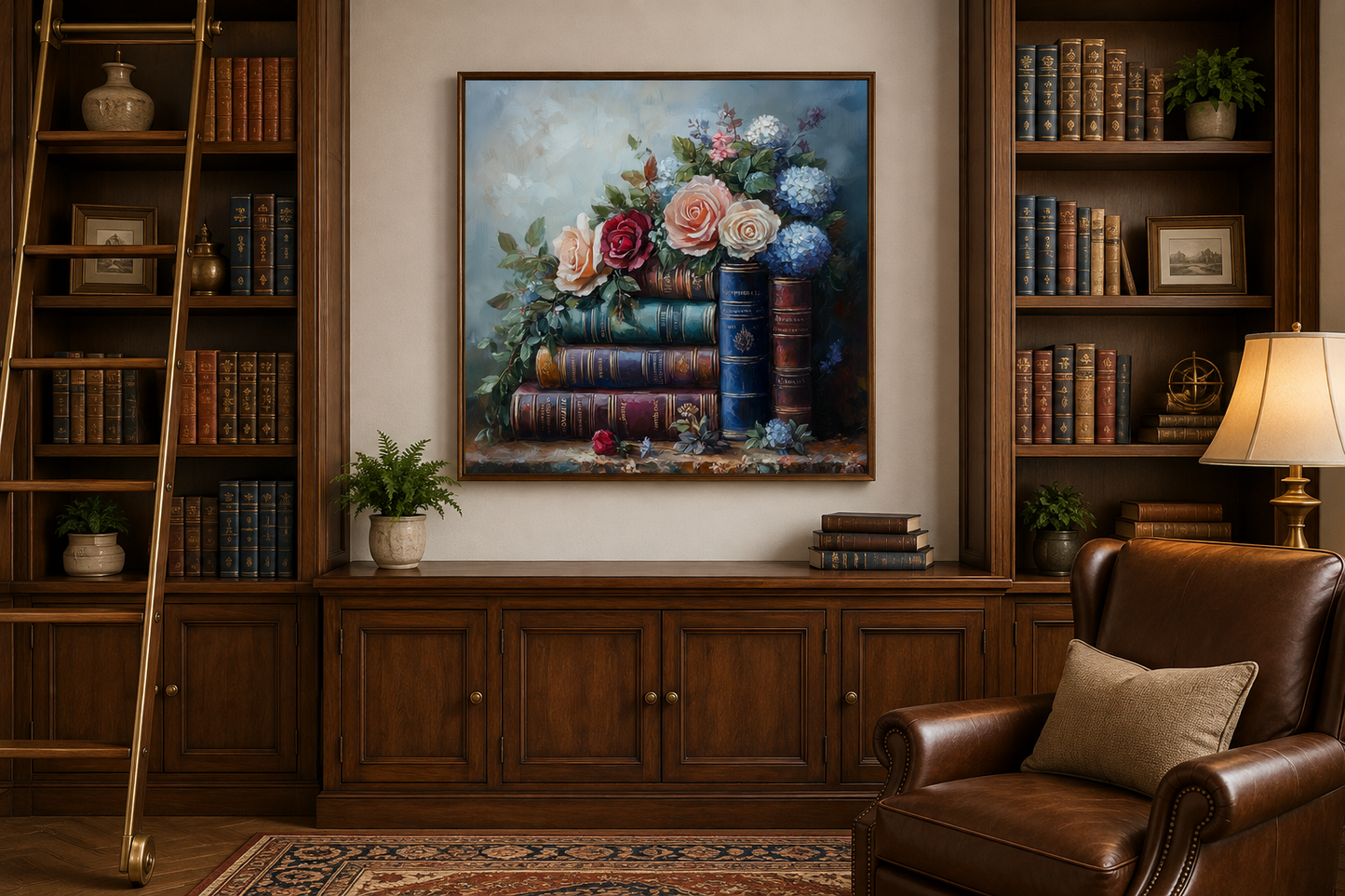 Stack Of Books And Pretty Flowers Framed Canvas Wall Art For Home Library Decor