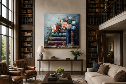 Stack Of Books And Pretty Flowers Framed Canvas Wall Art For Home Library Decor
