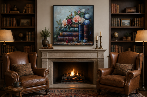 Stack Of Books And Pretty Flowers Framed Canvas Wall Art For Home Library Decor