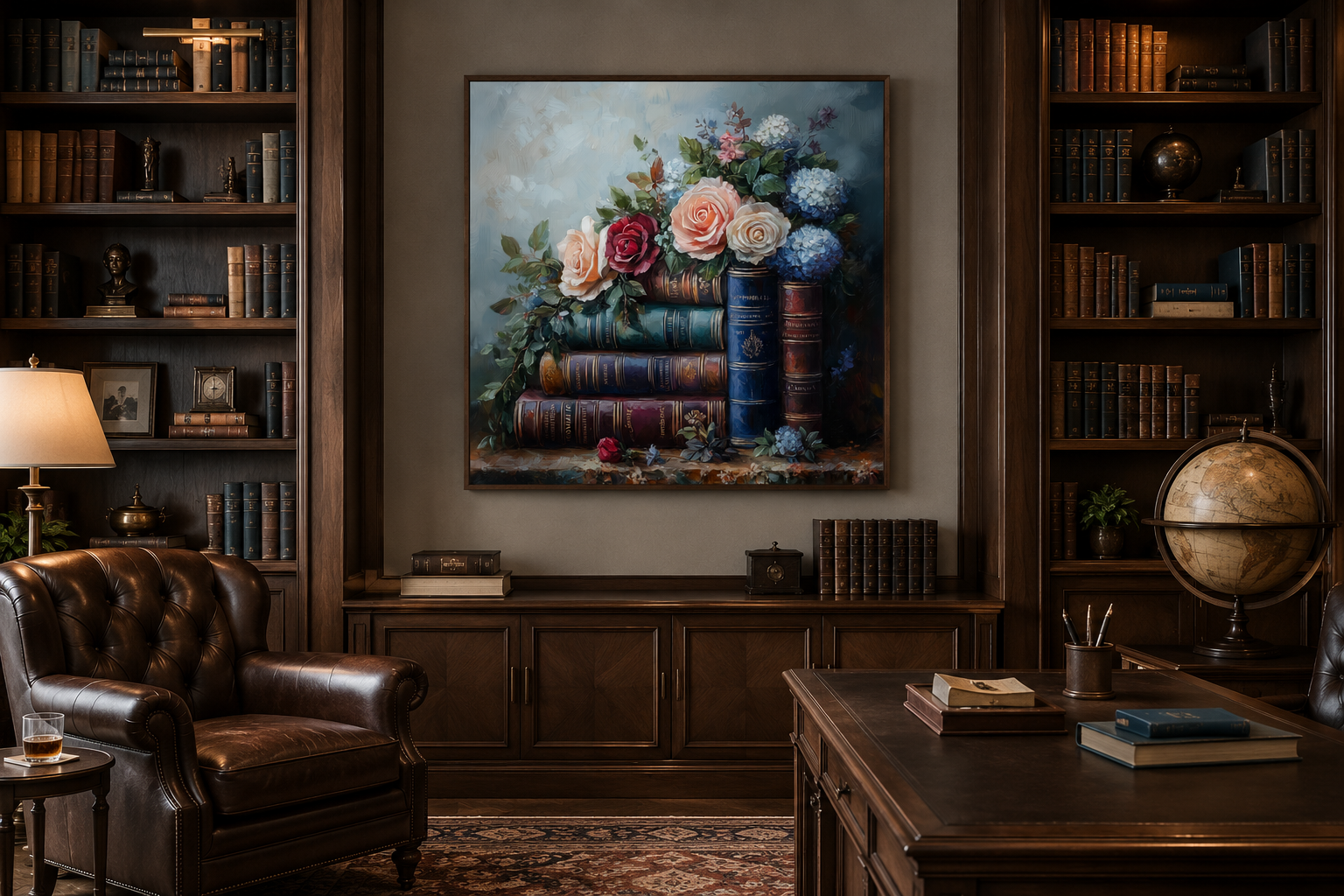 Stack Of Books And Pretty Flowers Framed Canvas Wall Art For Home Library Decor