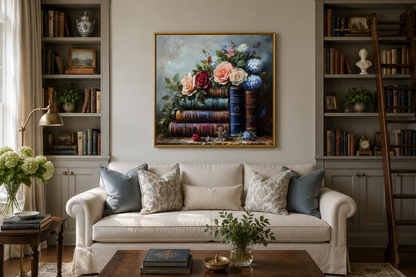 Stack Of Books And Pretty Flowers Framed Canvas Wall Art For Home Library Decor